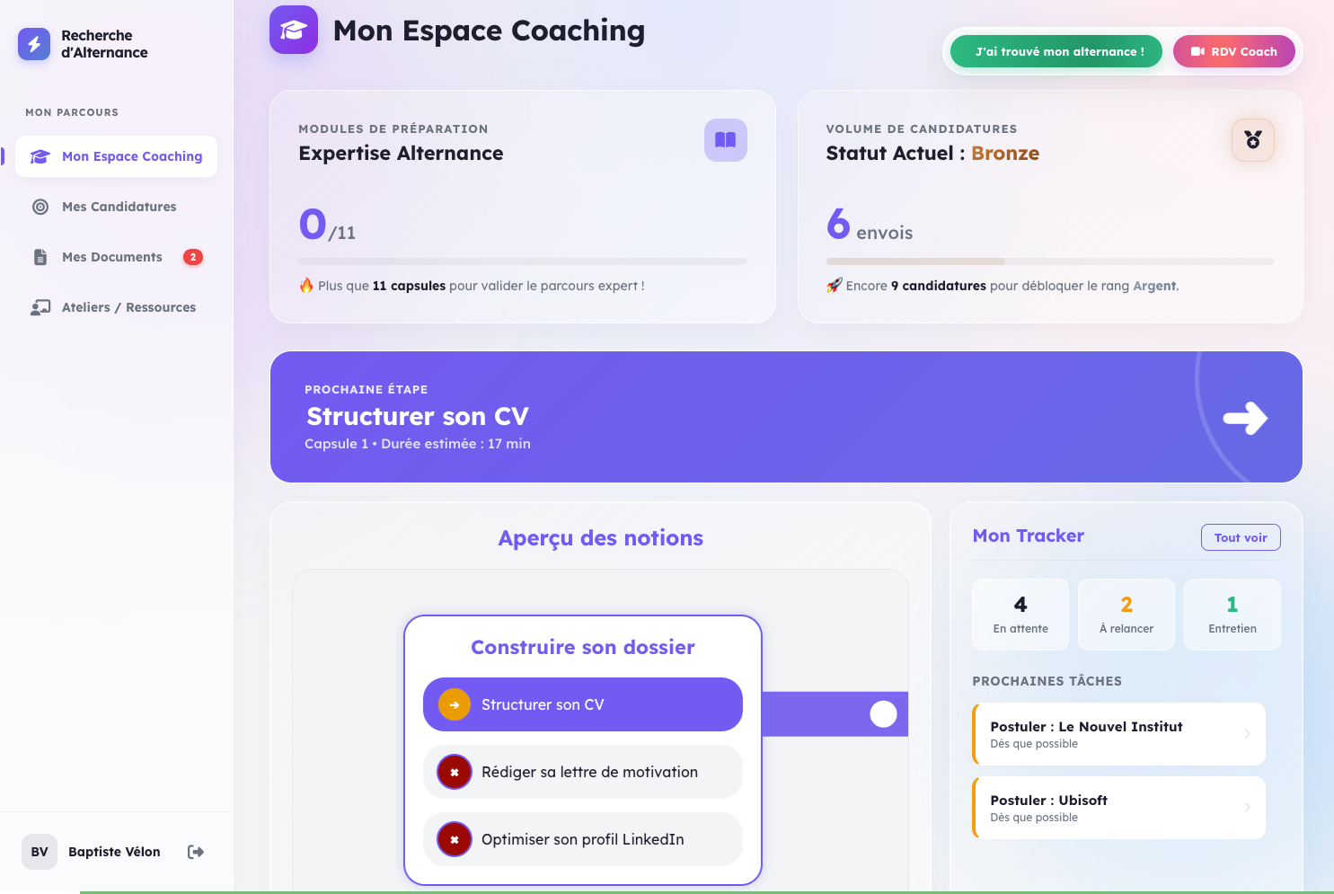 Capture de la plateforme Cleverlearn Alternance